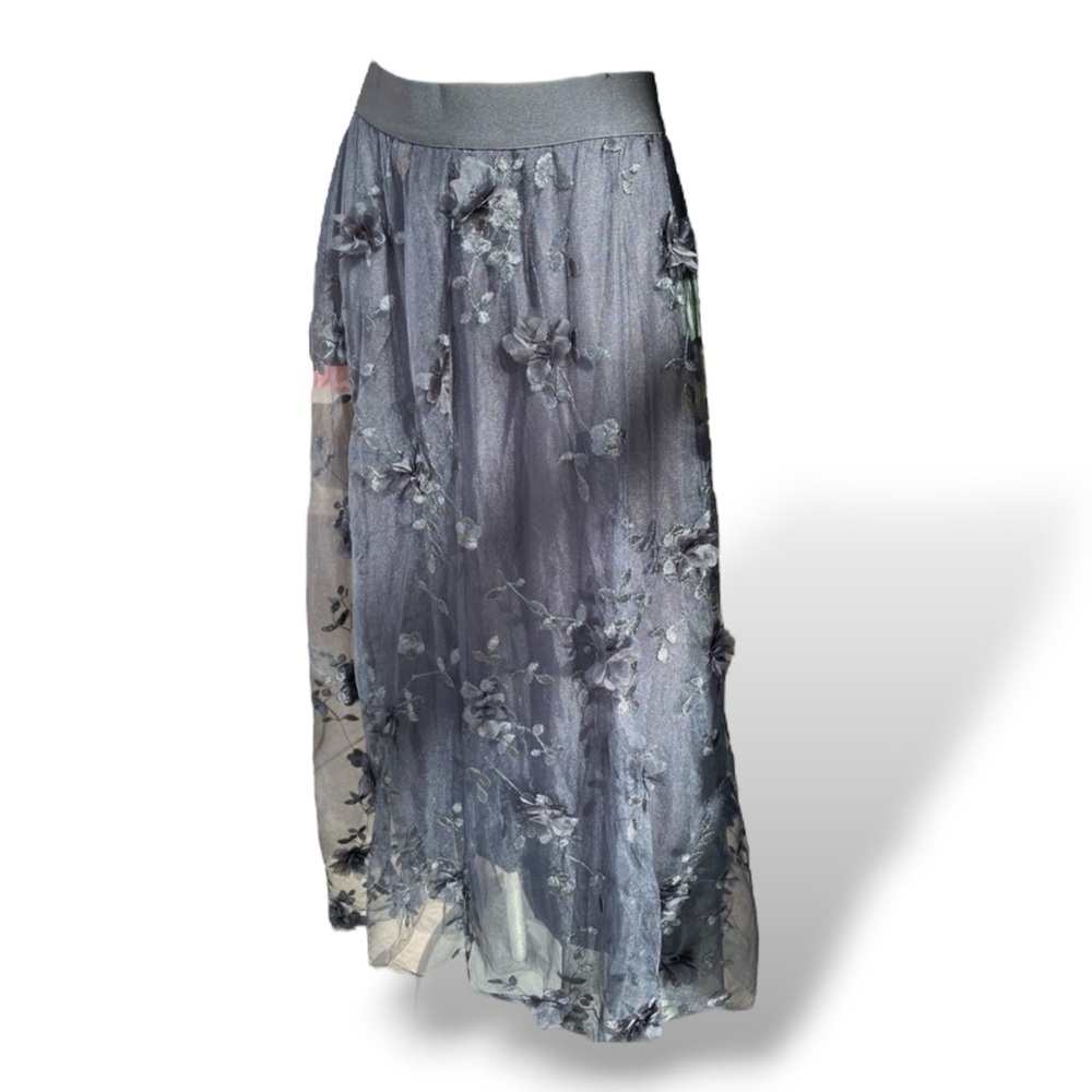 NWT JOH. BRAND 3D tulle mesh layered Black Floral Embroidered Midi Skirt L *READ
